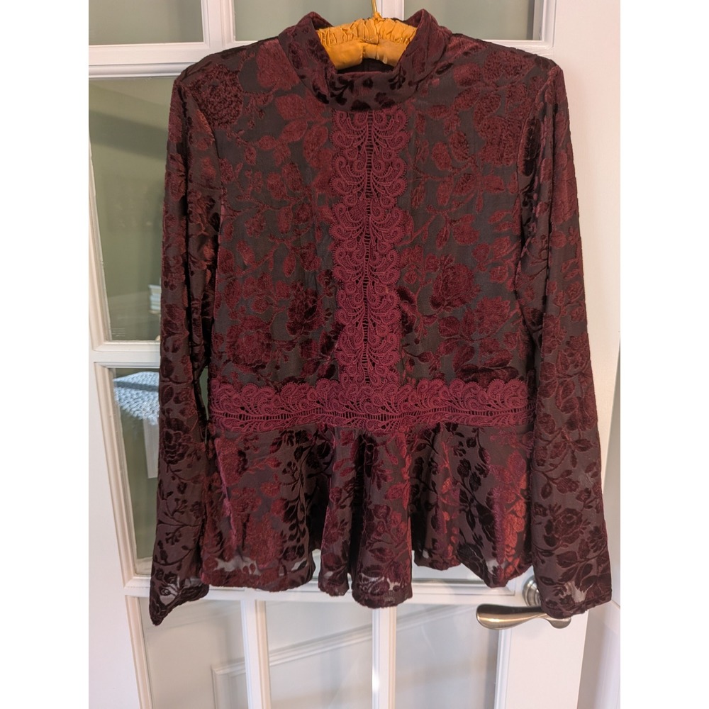 Spense Burgundy Burnout Velvet Floral Peplum Top Mock Neck Crochet Lace Large